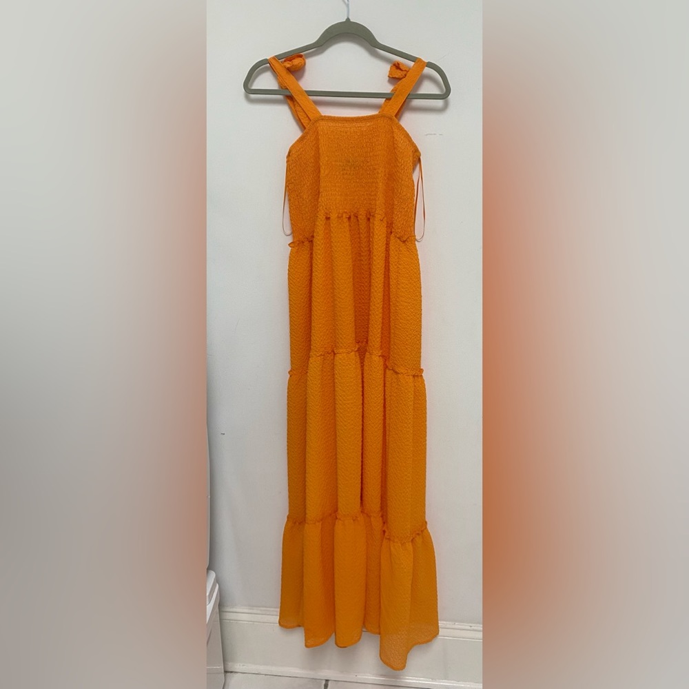 Orange long sleeveless ruffle flowy Dress